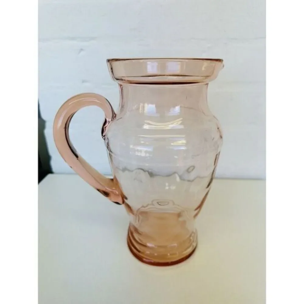 Depression Glass Pitcher Peachy Pink‎ Clear w/ Pattern Dot & Applied Handle VTG